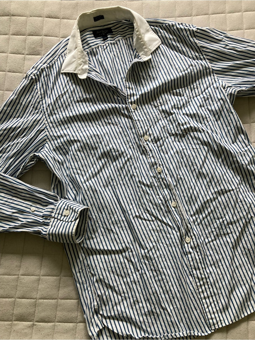J. Crew Men’s Navy and White Vertical Stripe Dress Shirt with Contrast Collar